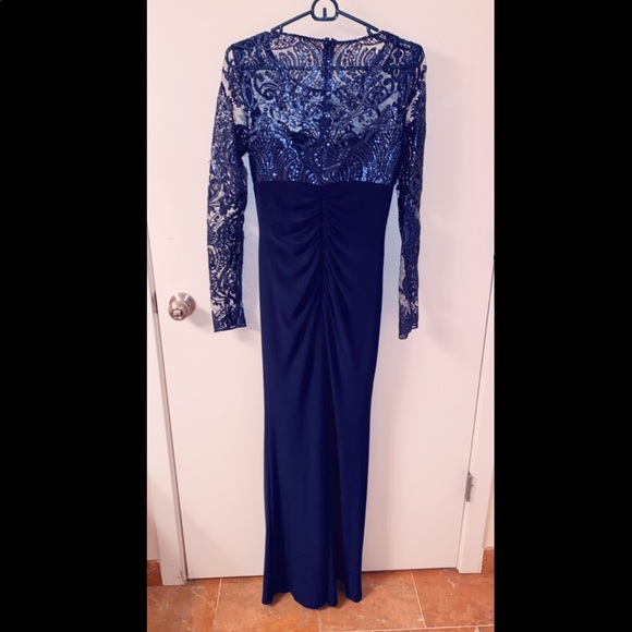 Eliza J navy blue draped long sleeve sequin gown - Picture 6 of 8